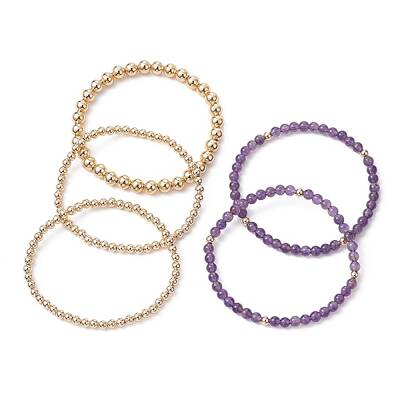 5Pcs 5 Style Natural Amethyst & Brass Beaded Stretch Bracelets Set for Women