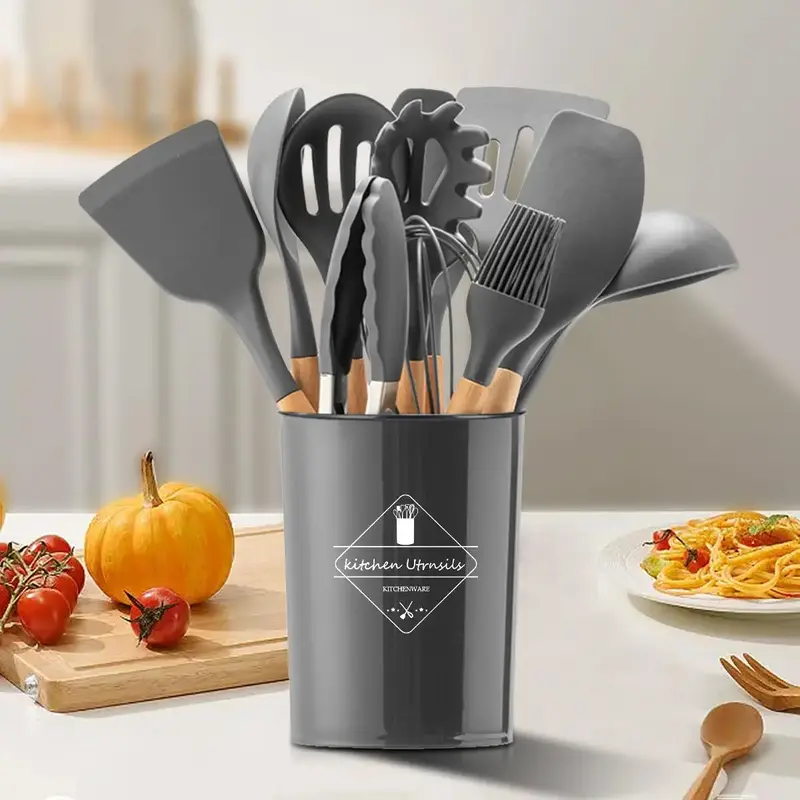 Kitchen Silicone Cooking Utensils Set, 12pcs Including Spoon, Spatula, Kitchen Tong, Whisk, Basting Brush, Storage Box, Kitch...