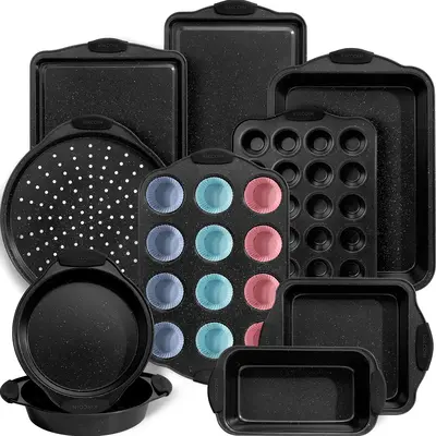 [Trendy]Deluxe Set Kikcoin 22Pcs Nonstick Baking Pan Set,Carbon Steel,Silicone Handles,Oven Safe,Bakeware,12Pcs Reusable Sili...