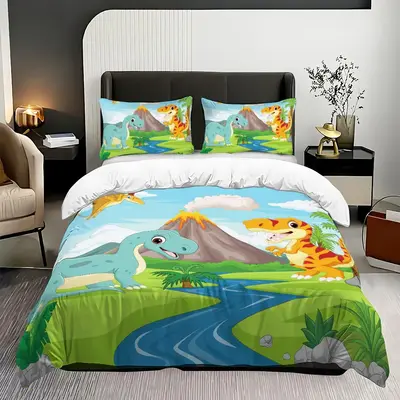 Cartoon Dinosaur Pattern Duvet Cover Set, 1 Count Duvet Cover & 2 Counts Pillowcase(30*20inch) without Filler, Soft Comfortab...