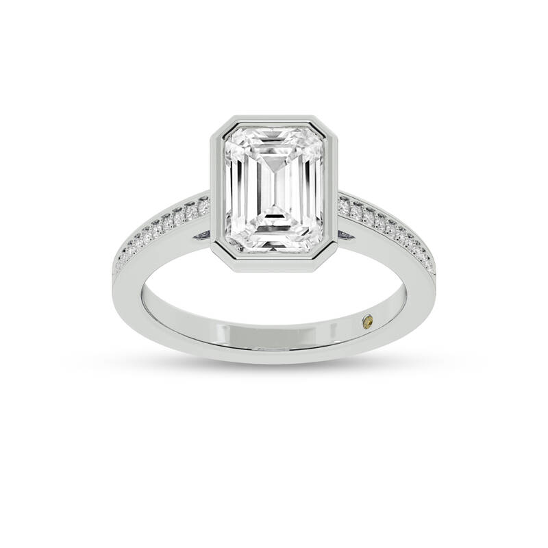 Lyra Pavé Set Half Coverage Bezel Emerald Cut Lab Grown Diamond Engagement Ring | 14K White Gold 1 1/10 CT. TW.