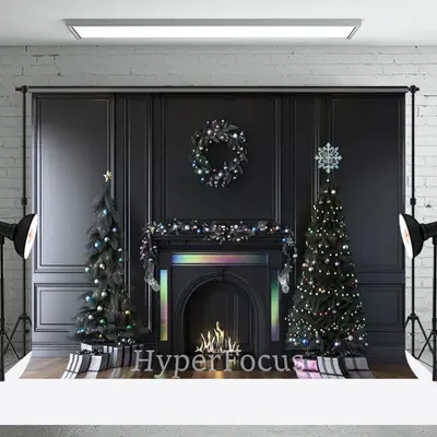Black Wall Colorful Fireplace Christmas Backdrop - Aperturee