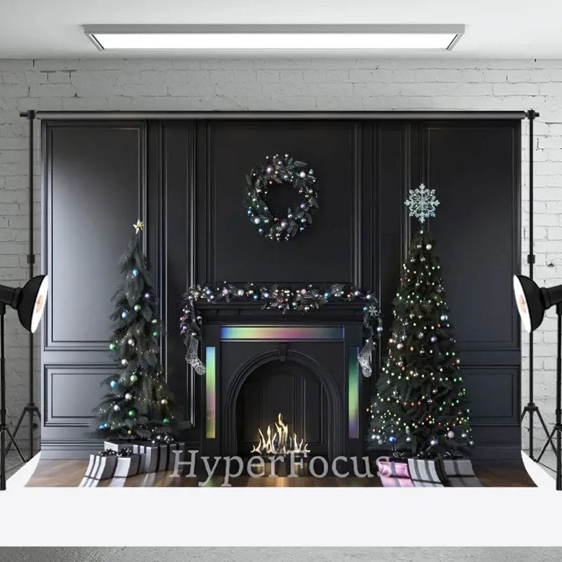 Black Wall Colorful Fireplace Christmas Backdrop - Aperturee