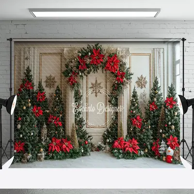 Aperturee White Gold Wall Poinsettia Trees Christmas Backdrop | Winter Wonderland Backdrop | Christmas Photoshoot Backgrounds...