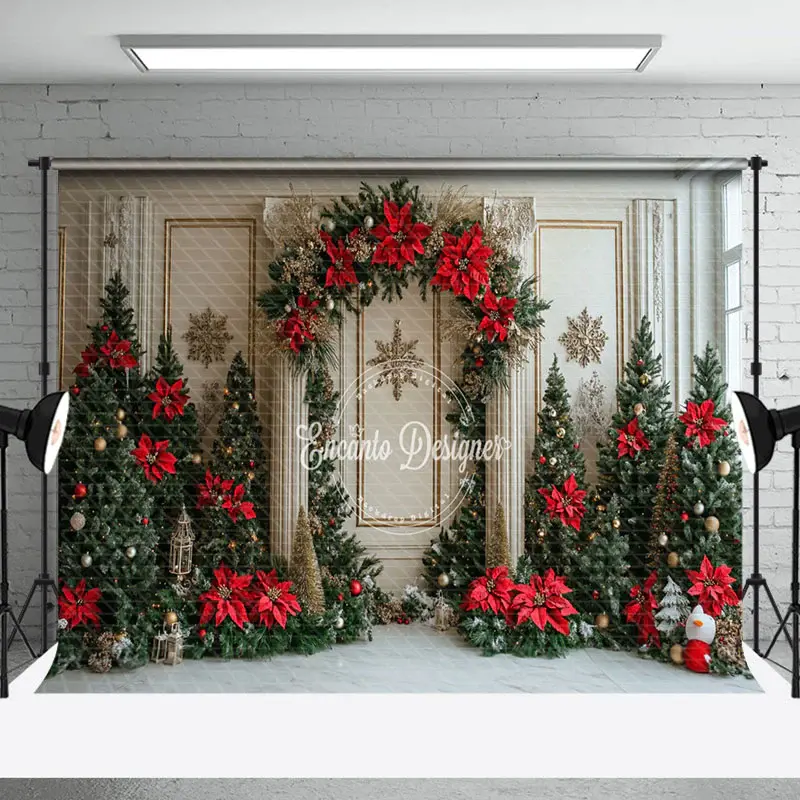 Aperturee White Gold Wall Poinsettia Trees Christmas Backdrop | Winter Wonderland Backdrop | Christmas Photoshoot Backgrounds...