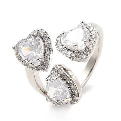 Clear Cubic Zirconia Triple Heart Open Cuff Ring