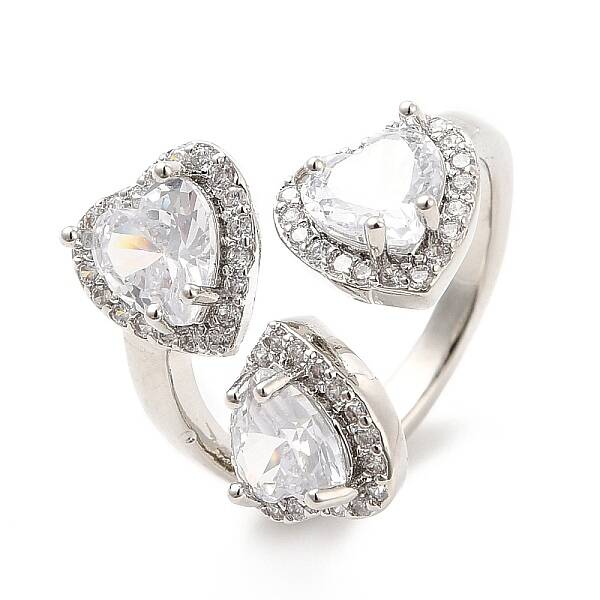 Clear Cubic Zirconia Triple Heart Open Cuff Ring