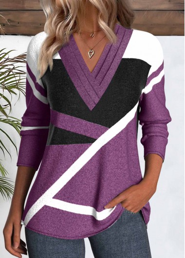 Modlily Purple Button Geometric Print Long Sleeve T Shirt - XXL