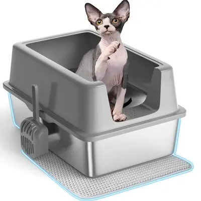 Anyask Enclosed Cat Litter Box Stainless Steel with Lid XL Extra Large Litter Box for Big Cats Metal High Wall Sides Enclosur...