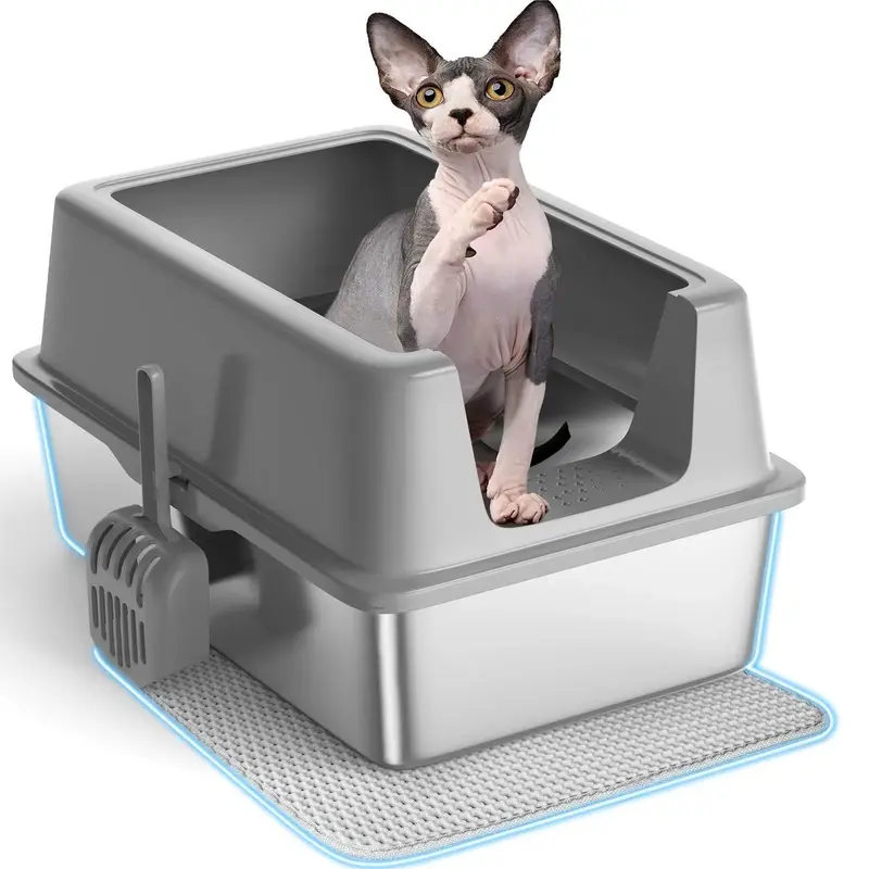 Anyask Enclosed Cat Litter Box Stainless Steel with Lid XL Extra Large Litter Box for Big Cats Metal High Wall Sides Enclosur...