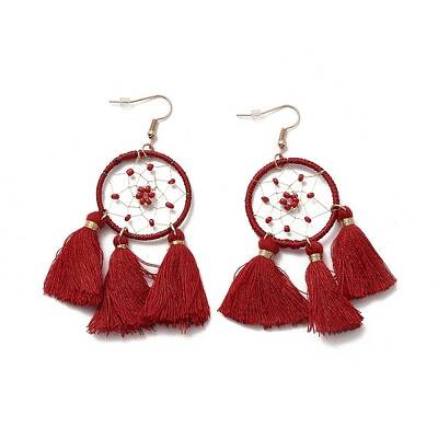 Tassels Woven Net Dangle Earrings with Resin Beaded