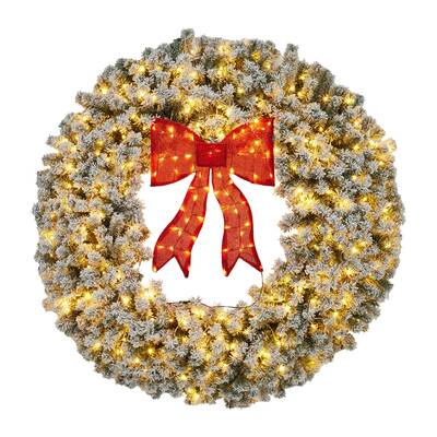 Garvee Pre-Lit Christmas Wreath with Bow, 48 Winter Artificial Wreath with Lighted Bow, Xmas Decoration for Indoor Outdoor H...