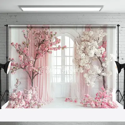 White Door Pink Curtain Floral Tree Wedding Backdrop