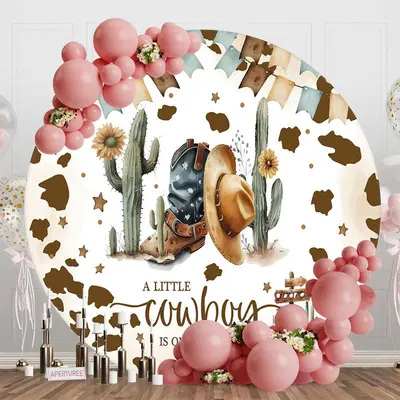 Cowboy Sand Cactus Retro Round Baby Shower Backdrop - Aperturee