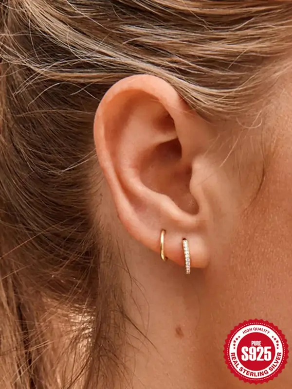 925 Sterling Silver Rhinestones Decor Round Hoop Earrings, Fashionable Jewelry for Women & Girls, Trendy All-match & Exquisit...