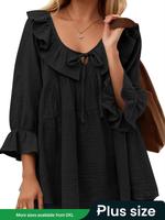 【Plus Size】 Solid Color Ruffle Trim Tie Front Tee, Casual Long Sleeve Low-neck Top for Daily Wear, Women's Clothing for A...