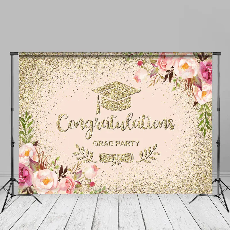 Gold Glitter Floral Pink Grad Backdrop For Photography - Aperturee