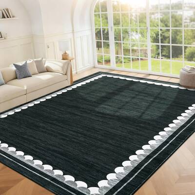 Garvee Washable Solid 8x10 Rug with Scalloped Border, Non-Slip Stain-Resistant Polyester, Low-Pile Soft Carpet for Living Roo...