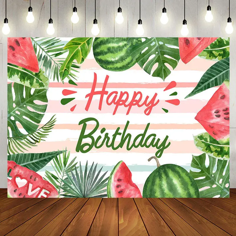 Watermelon Monsteras Stripe Summer Birthday Backdrop - Aperturee