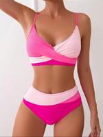 Two-piece Set Women's Colorblock Patchwork Print Bikini Set, Casual Adjustable Strap Swim Top & Swim Bottom Two-piece Swimsui...