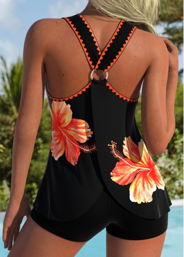 Modlily Tummy Coverage Mid Waisted Floral Print Orange Tankini Top - M