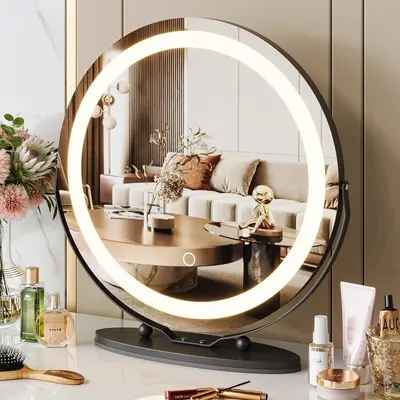 Garvee 19 Vanity Mirror with Led Lights, Large Round HD Makeup Mirror with Touch Control and 3 Color Lighting Modes, 360° ...