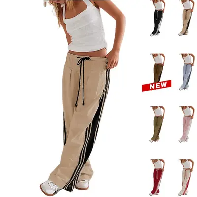 Tanming Womenswear FallFreshness Streetwear Stripe Straight Cut Barrel Leg Parachute Cargo Pants  Y2K Elasticated Waistband S...