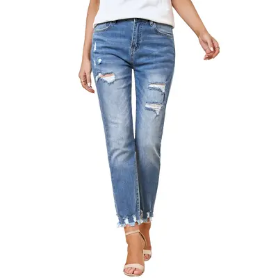 EVALESS Women's High Waist Plenty Jeans,Ripped Boyfriend Distressed Straight Leg Jenas,Tummy Control Lightweight Stretchy Tro...