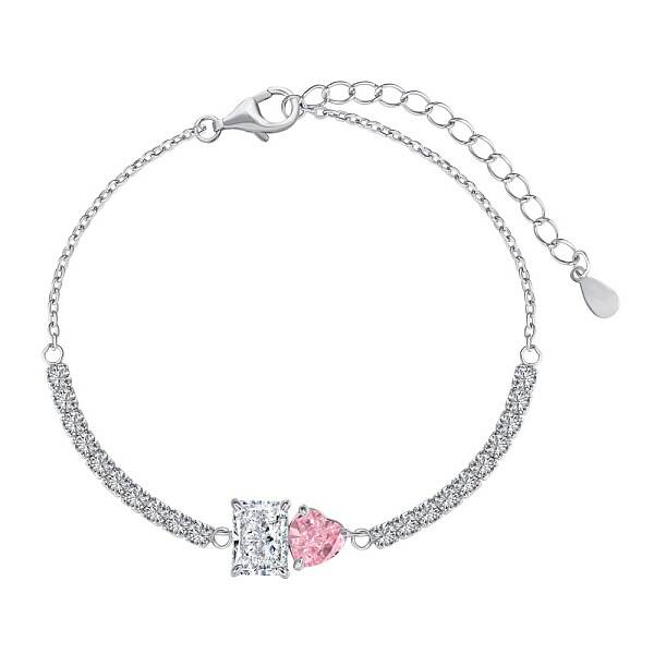 Rectangle & Heart Rhodium Plated 925 Sterling Silver Link Bracelets for Women