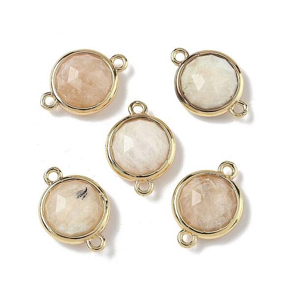 Brass Pave Natural Moonstone Faceted Flat Round Connector Charms