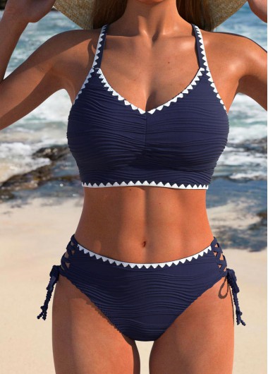 Modlily Contrast Binding Navy Lace Up Bikini Set - XS