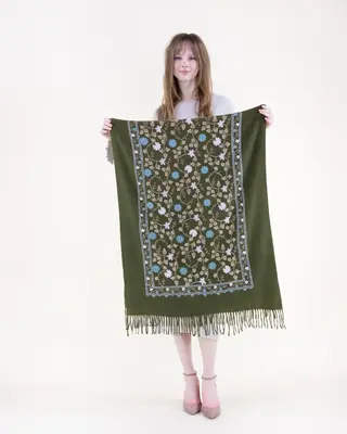 Elegant Embroidered Floral Vines Scarf with Fringe – Timeless Everyday and Evening Style