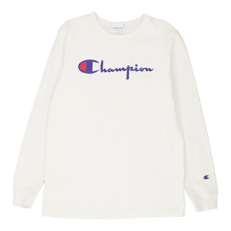 Champion Spellout Long Sleeve T-Shirt - Large White Cotton