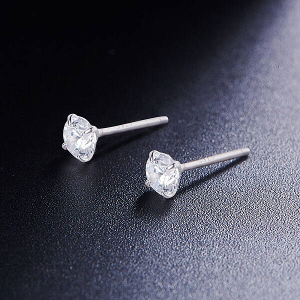 Rhodium Plated 925 Sterling Silver Four Pronged Ear Studs