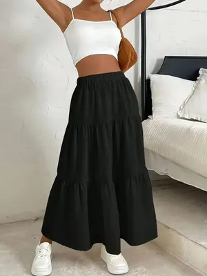 Women's Plain Ruffle Hem Flared Skirt, Casual Boho High Waist Long Skirt for Daily Wear, Summer Outfits 2024, Ladies Bottoms...