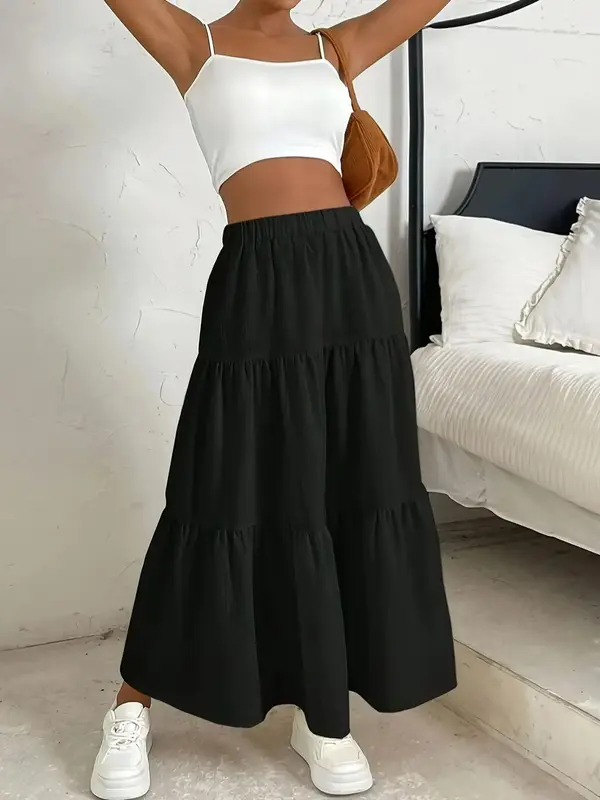 Women's Plain Ruffle Hem Flared Skirt, Casual Boho High Waist Long Skirt for Daily Wear, Summer Outfits 2024, Ladies Bottoms...
