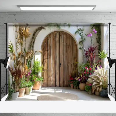 Aperturee Serene Wooden Archway Varied Plant Pottery Backdrop