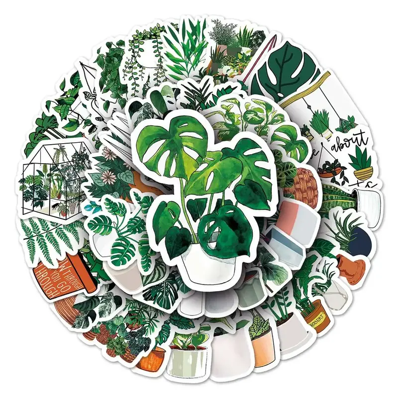 50pcs/Set Cartoon Potted Plants Pattern Sticker, Waterproof Self Adhesive Decor Paper, Decor Sticker for Gift Greeting Card W...