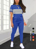 Women's Colorblock Short Sleeve Tee & Solid Pants Two-piece Set, Casual Round Neck T-shirt & Trousers for Daily Wear, Ladies ...