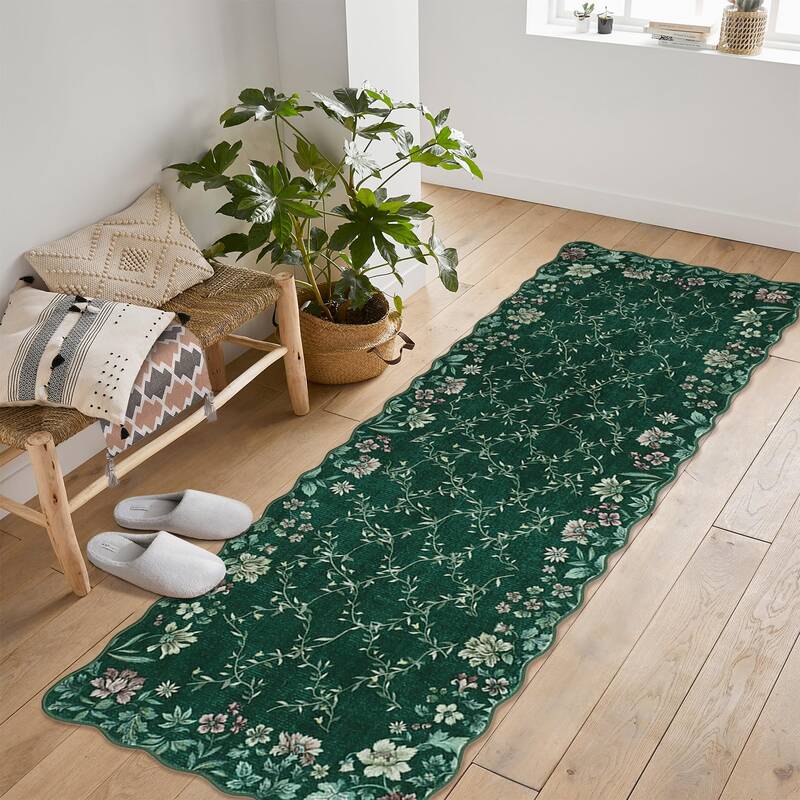 Garvee Floral Irregular Edge Carpet Non Slip Washable Boho Vintage Entry Rug Green 2x6ft Indoor Low Pile