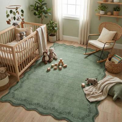 Garvee 4x6 Green Scalloped Washable Area Rug for Nursery Room, Soft Non Slip Low Pile Carpet, Stain Resistant
