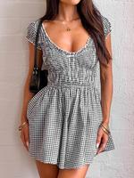 Women's Scoop Neck Romper, Casual Slim Fitted Shirred Romper for Summer, Ladies Clothes for Daily Wear, Rompers for Women, Cl...