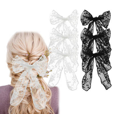 6Pcs 2 Colors Lace Bowknot Polyester Alligator Hair Clips