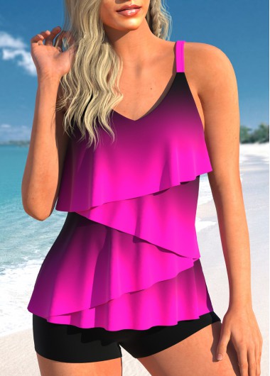 Modlily Asymmetry Ombre Neon Rose Red Tankini Set - S