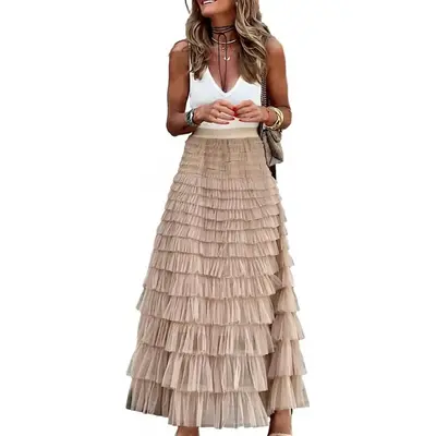 Long Tulle Skirt for Women High Waisted A Line Fluffy Fairy Mesh Layered Ruffle Skirt Casual Womenswear