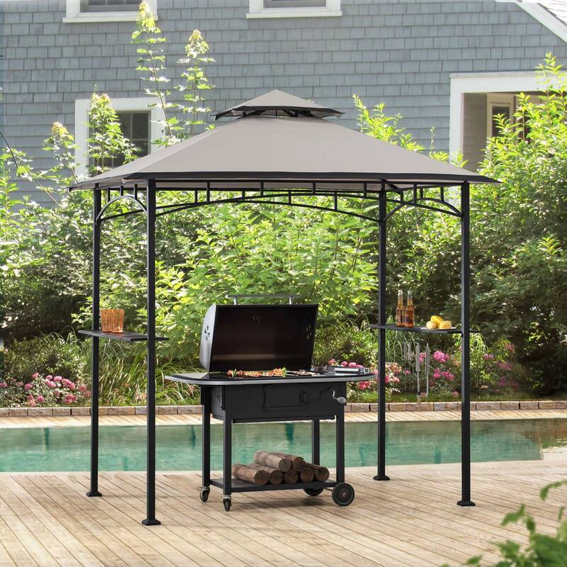 SUNJOY 5x8 BBQ Grill Gazebo with Bar Shelves and Hooks - Gray & Black