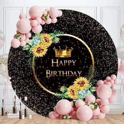 Aperturee Gold And Black Glitter Round Happy Birthday Backdrop