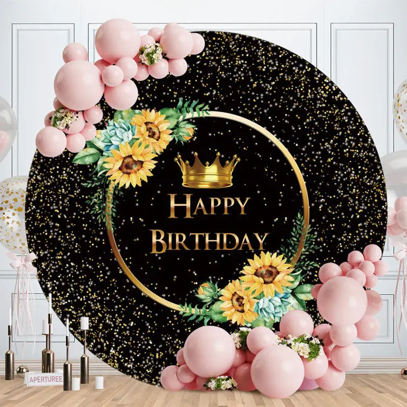 Aperturee Gold And Black Glitter Round Happy Birthday Backdrop