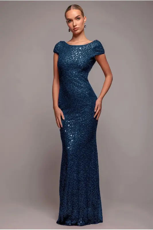 Goddiva Cowl Back Sequin Maxi Dress - Navy