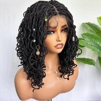 SOKU Curly Faux Locs Full Swiss Lace Braided Wig 14 Inch Handmade Glueless Natural Black Double Lace Full Braided Hair beads ...